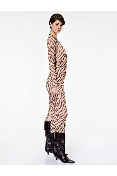 Koton Slim Fit Slit Long-Sleeve Crew Neck Zebra Print Draped Dress