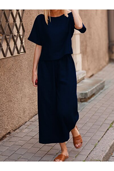 Toridas Linen Daily Comfortable Elastic Waist Women's Double Suit Top and Bottom