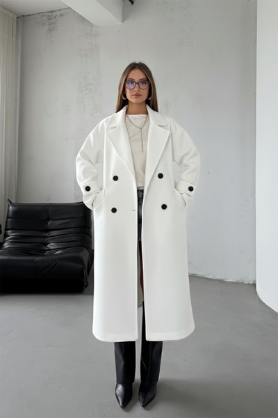 NET OF NOT Ecru Belted New Season Lined Premium Quality Comfortable Fit Women's Cashmere Coat