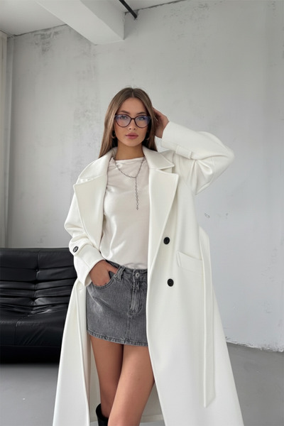 NET OF NOT Ecru Belted New Season Lined Premium Quality Comfortable Fit Women's Cashmere Coat