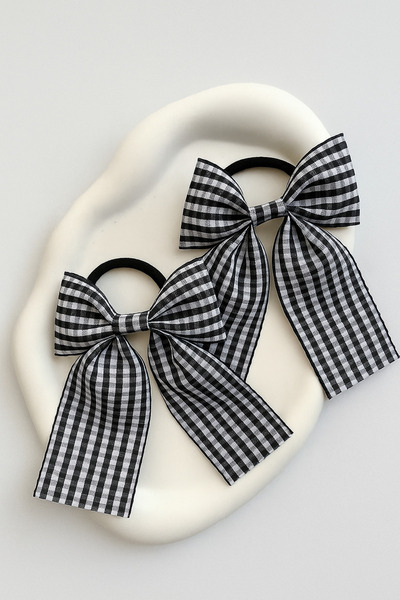 Toka Sepetim Siyah Ekose Desenli Kuyruklu Fiyonk Kurdele Toka 1 Çift Okul Tok...