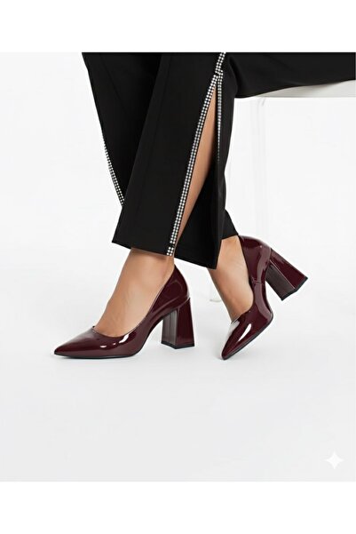 İZCE MODA Women's Pointed-Toe Burgundy Patent Leather Stiletto Heel Height Seven Centimeters