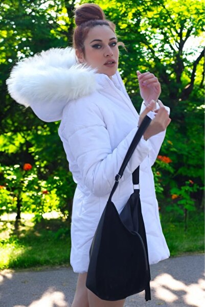 Toridas Kapüşonlu Kürklü Kışlık Orta Boy Şişme Kadın Mont