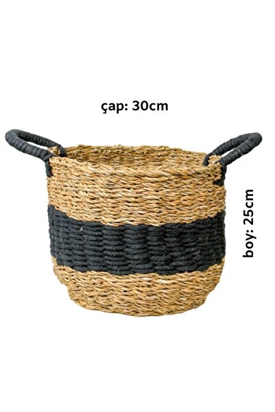 Fidanburada Hasır Sepet Kulplu Saksı - Siyah Şeritli - Large