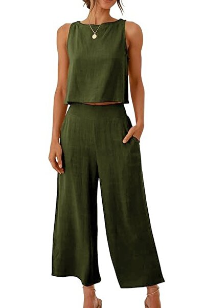 Toridas Linen Summer High Waist Capri Pants Back Detail Sleeveless Two Piece Set