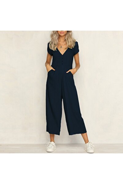 1tarz Keten Günlük Yazlık V Yaka Kısa Paça Tasarım Kadın Tulum