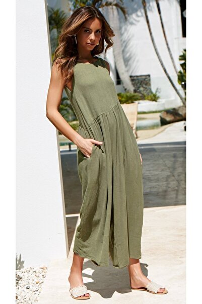 Barbora Keten Yazlık Günlük Sırt Dekolteli Salaş Kadın Tulum