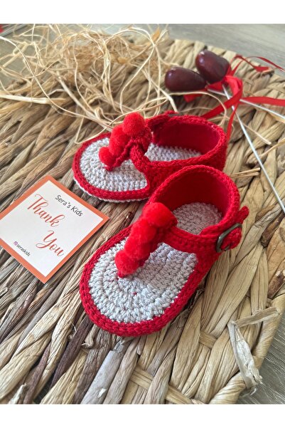 seraskids Handmade Knitted Red Baby Girl Flip Flops Sandals Booties