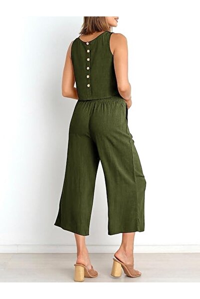 Toridas Linen Summer High Waist Capri Pants Back Detail Sleeveless Two Piece Set