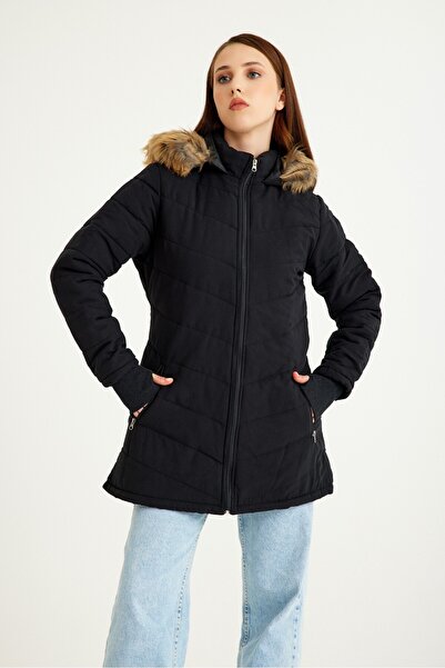 Barbora Kışlık Eldivenli Kapüşonlu Kürklü Kadın Şişme Mont