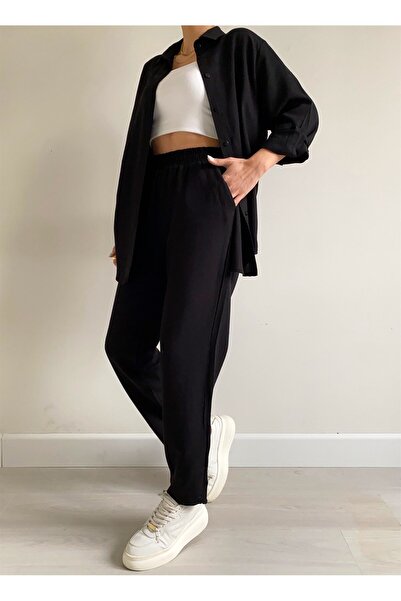 Toridas Linen Casual Two Pieces Set - Barbora Dress, Pants and Shirt Ln21black1