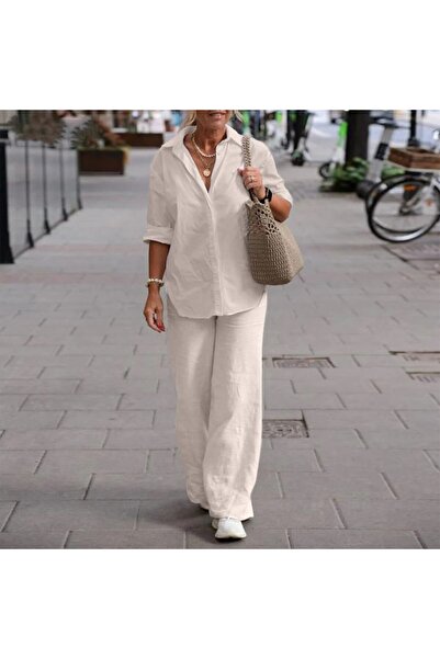 Toridas Comfortable and Casual Linen Ecru Double Set Top and Bottom