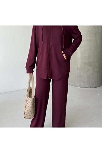 Tarzımızbir Metal Zipper Hoodie Modal Fabric Top and Bottom Set Hijab Coffee Color Suit