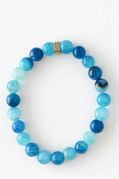 ESK KEHRİBAR Akik Taşı Bileklik Mavi Hint Akik Taşı Çizgili Damarlı Desenli Ayarlanabilir Boy