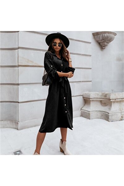 1tarz Toridas Keten Günlük Rahat Beli Kemerli Kadın Gömlek Elbise LN02siyah