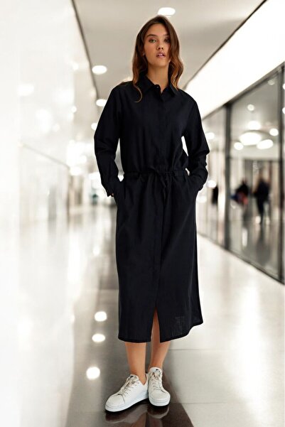 Barbora Günlük Beli Bağcıklı Rahat Keten Elbise