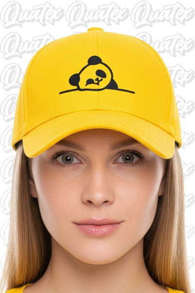 QUATEX Panda Embroidered Hat – Yellow 100% Cotton Gabardine Unisex Model