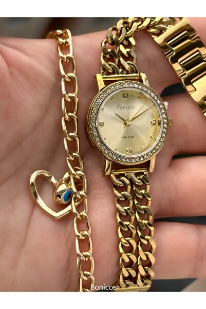 Ferrucci ساعة يد نسائية بسلسلة فولاذية مع ضمان لمدة عامين مقاومة للماء بلون ذ...