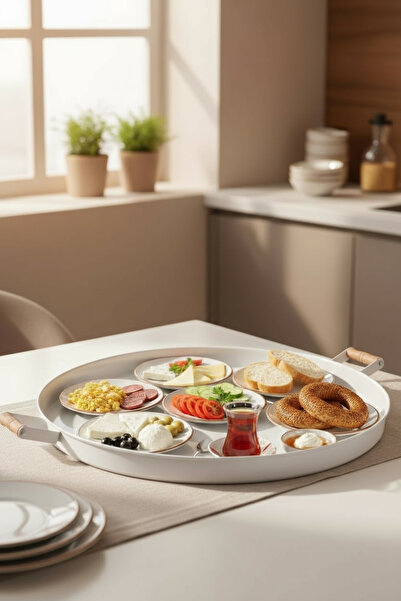 Bestofhome Beyaz Ahşap Kulplu Galvaniz Yuvarlak Tepsi Büyük Boy Bh102