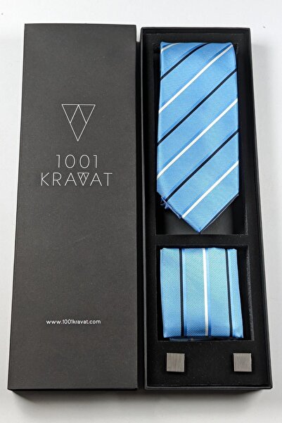 1001 Kravat طقم هدايا للرجال يتضمن ربطة عنق زرقاء مع مناديل وأزرار أكمام