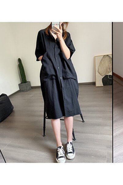 1tarz Toridas Günlük Cep Detaylı Salaş Kadın Elbise bt260siyah