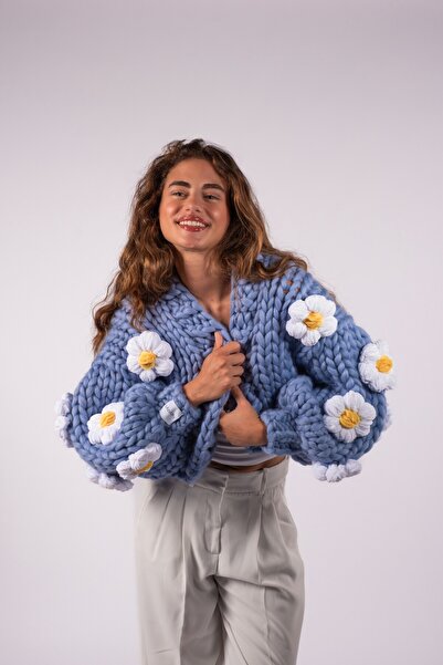 HEYAYS Daisy Mavi El Örgüsü Hırka
