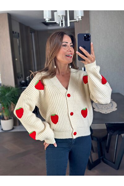HARMONY GLOBAL Cardigan pentru femei, crem, căpșuni, cu decolteu în V, tricotaj moale 7072