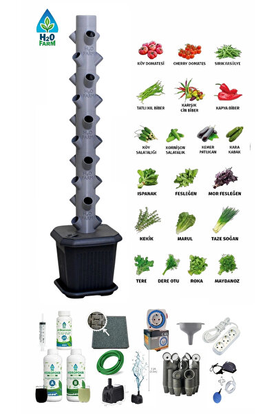 H20FARM Hidroponik Dikey Tarım - Topraksız Tarım Kule Sistemi Hobi Seti - 30 Bitkilik Sera
