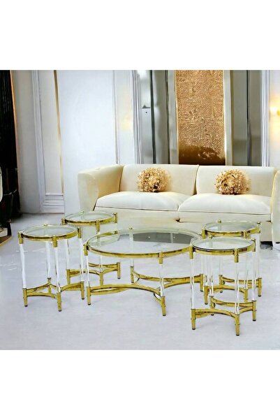 Al Saada Home طقم طاولة قهوة دائرية ذهبية، 5 قطع، سطح أكريليك