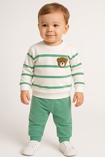 dinamik çocuk Striped Punch Teddy Bear Baby Set with Snap Fasteners on the Shoulder, 2-Piece Bottom and Top, Transitional Months, 3-6-9-12 Months