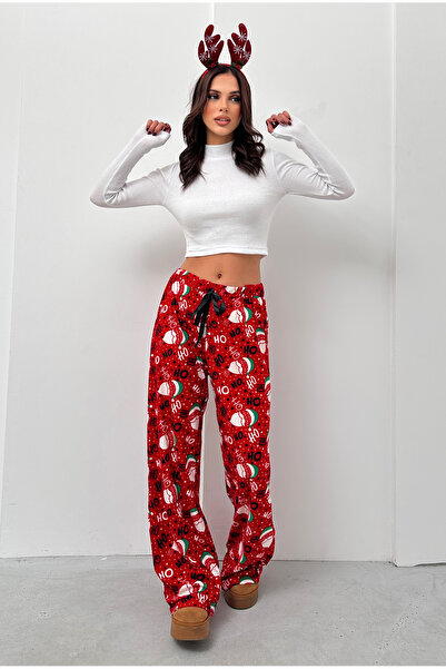 New Now Christmas Daddy Pattern, Suede Fabric, High Waist, Elastic Waist Band, Lace-Up Detail, Loose Pant