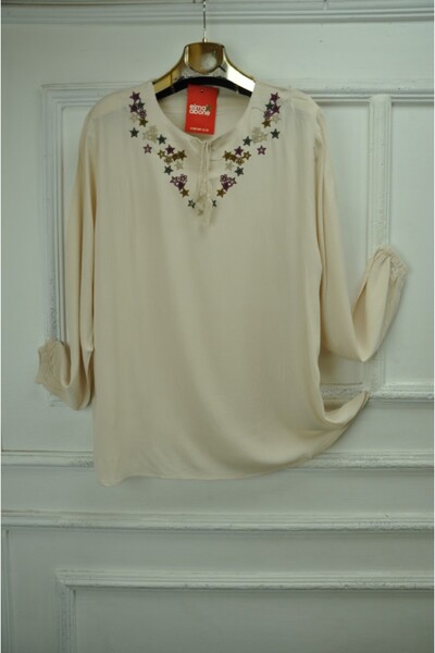 elma abone Crinkle Fabric (Shile Cloth) Embroidered Blouse