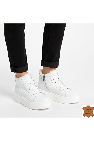 starlike Women's white genuine leather boots with zipper and laces