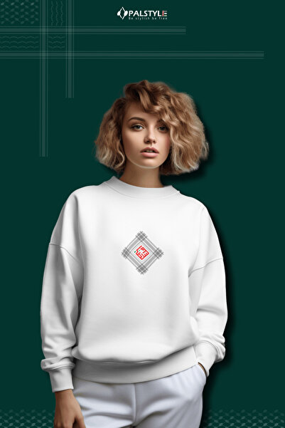 PALSTYLE Filistin Keffiyeh Desenli Unisex Beyaz - Seyah Sweatshirt Oversize
