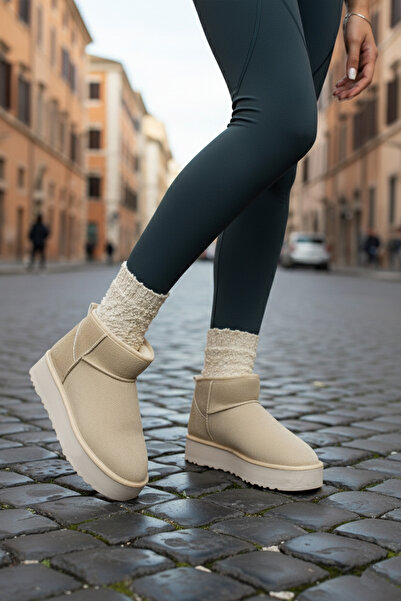 Dark Heel Kadın Bej Kışlık İçi Süet Kalın Taban Bot Rahat Günlük Sıcak Tutan Şık Ayakkabı Bootie Çizme