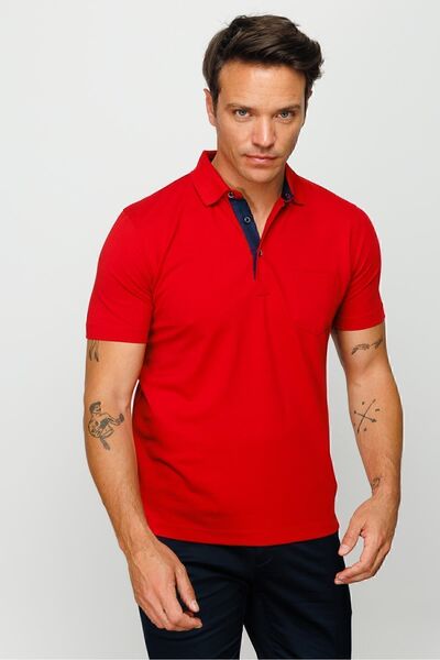 Desen Triko Ανδρικό μπλουζάκι πόλο με κουμπιά τσέπης κόκκινο
