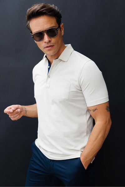 Desen Triko Men's Polo Collar Buttoned Pocket T-shirt Stone