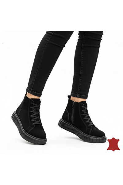 starlike Ghete dama piele naturala intoarsa negre cu fermoar si șireturi