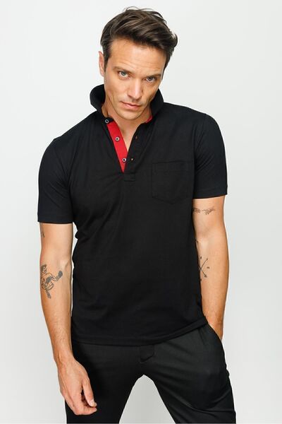 Desen Triko Ανδρικό μπλουζάκι πόλο με κουμπιά τσέπης μαύρο