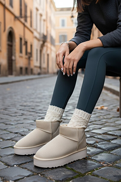 Dark Heel Kadın Bej Kışlık İçi Süet Kalın Taban Bot Rahat Günlük Sıcak Tutan Şık Ayakkabı Bootie Çizme