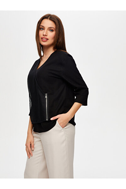 Faik Sönmez Kadın File Garnili Fermuar Detaylı Kısa Kol Ketenli Bluz