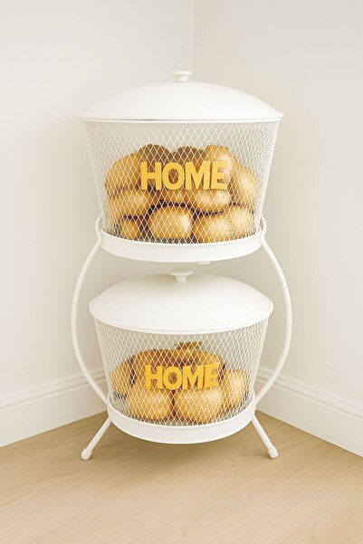 VENON Home Organizer SELVİ 2 Katlı Metal Sebzelik Patates Soğan Sepeti Beyaz Gold Yazılı Lüx Ferfoje