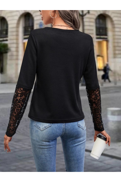 ermege Women's Long Sleeve V Neck Lace Waffle Blouse