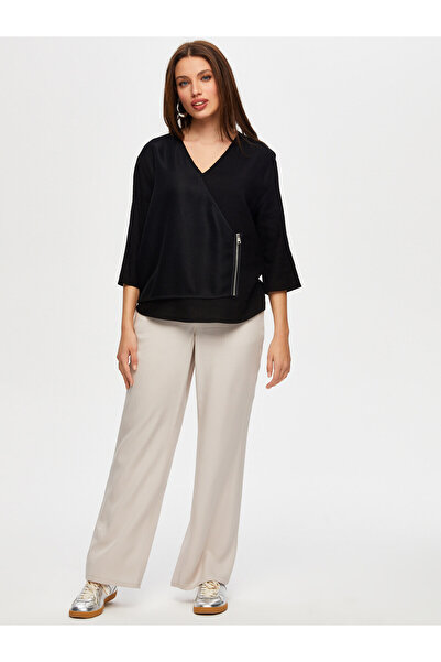 Faik Sönmez Kadın File Garnili Fermuar Detaylı Kısa Kol Ketenli Bluz