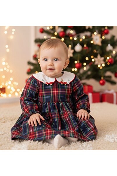 Baby Rose New Year's Red Plaid Patterned Collar Detailed Baby Girl Dress 9-12-18-24 Months