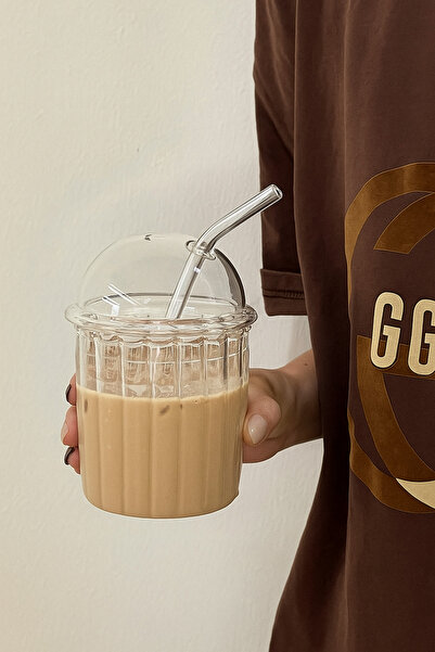 ERKUGO Cam Kapaklı Pipetli Borosilikat Sunum Bardağı, Isıya Dayanıklı Bardak, Kahve Bardağı (550ml)Icemocha