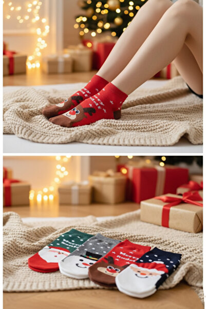 GLANZEND 4 Çift Yılbaşı Temalı Noel Baba Christmas Desenli Yılbaşı Çorap