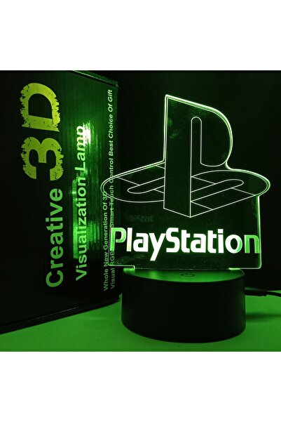 3D 3D holographic LED light in the shape of the PlayStation 7 logo with a black base