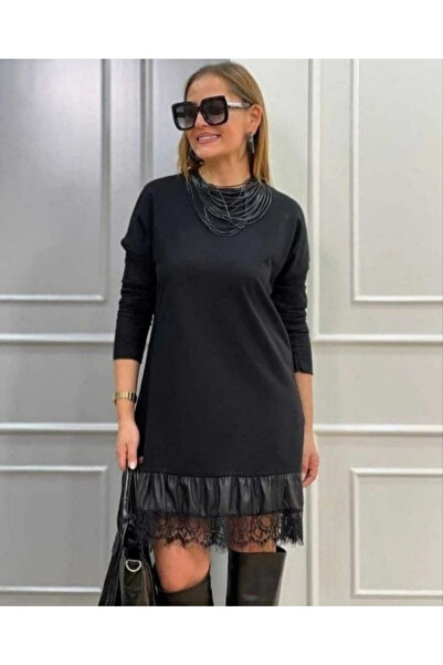 Genel Markalar Kadın Uzun Kollu Bisiklet Yaka Etek Ucu Deri Dantelli Viskon I...