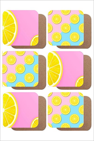 UNT Lemon Themed Set of 6 Mdf Uv Printed Coasters – Colorful Modern Design